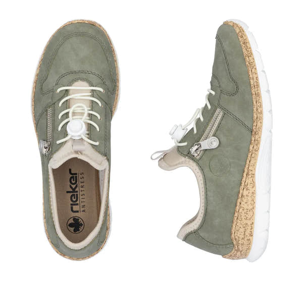 Rieker N42G0-52 women's green elasticated casual shoes with lace-up and side zipper, cushioned insole, and cork sole for comfort.