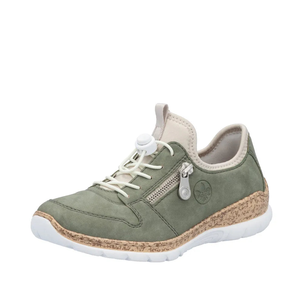 Rieker N42G0-52 women's green elasticated casual shoes with lace-up, side zipper, cushioned sole, and suede finish.