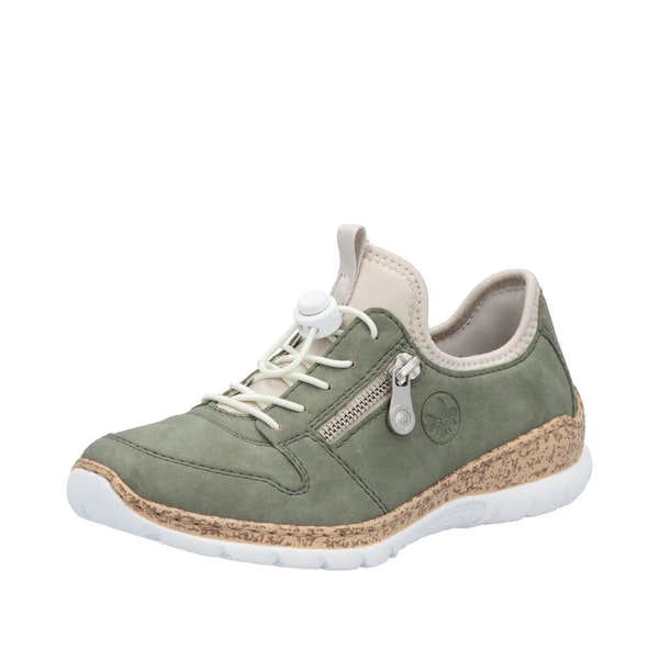 Rieker N42G0-52 women's green elasticated casual shoes with lace-up, side zipper, cushioned sole, and suede finish.