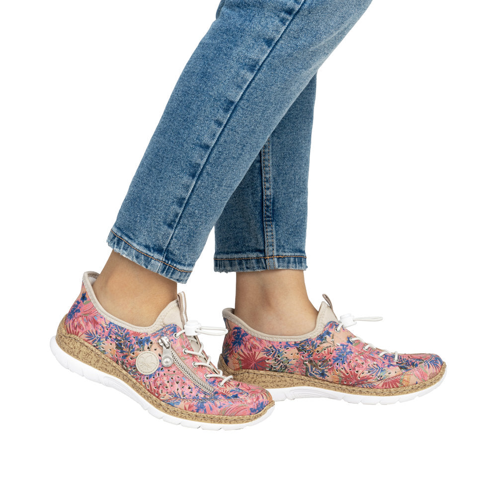 Rieker N42V3-90 women's multi-colored elasticated casual shoes with floral print and cork sole, comfortable slip-on footwear.