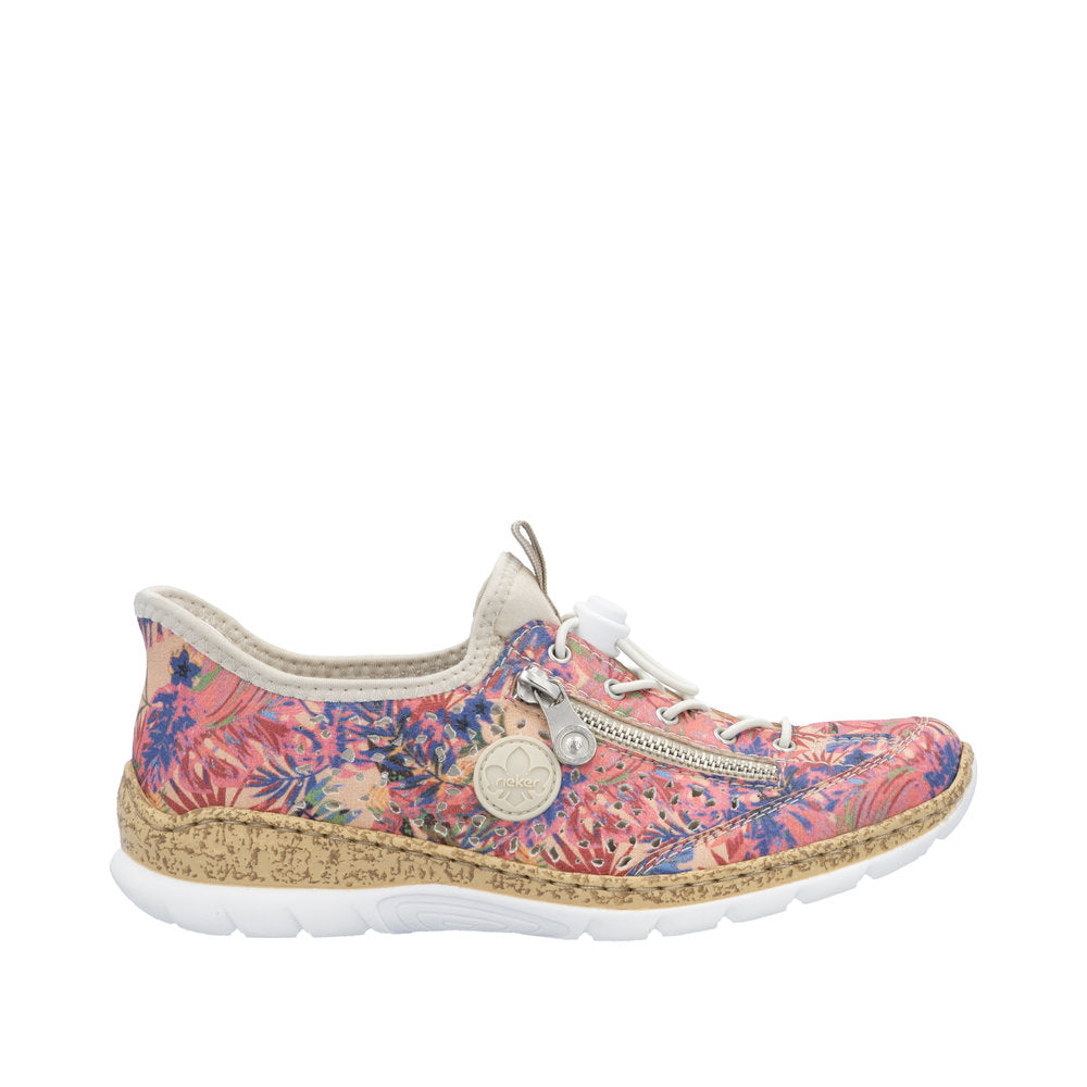 Rieker N42V3-90 ladies multi-color elasticated casual shoes with floral print, zipper detail, and comfortable white sole.