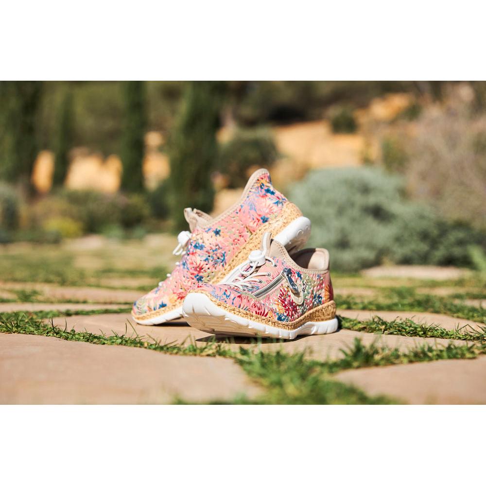 Rieker N42V3-90 Women's multi-colored elasticated casual shoes with floral pattern and cushioned sole.