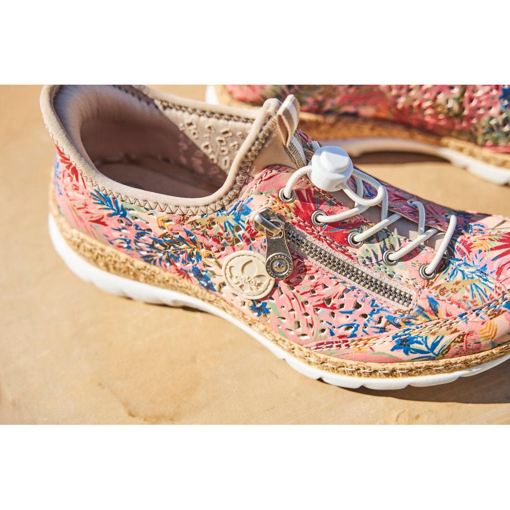 Rieker N42V3-90 women's multi-colored elasticated casual shoes with floral pattern, zipper detail, and comfortable white sole.