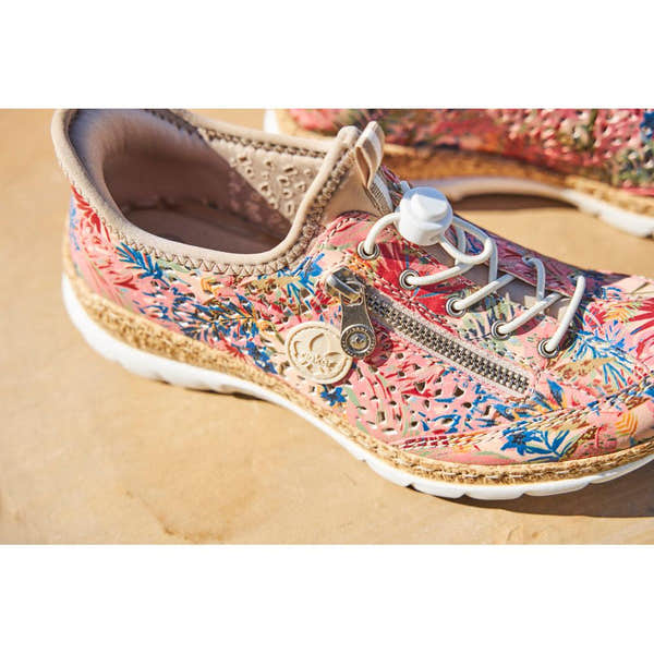 Rieker N42V3-90 women's multi-colored elasticated casual shoes with floral pattern, zipper detail, and comfortable white sole.
