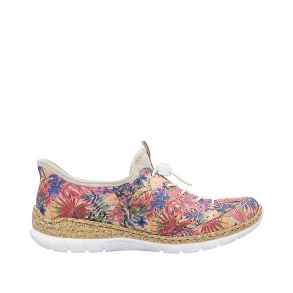 Rieker N42V3-90 ladies' multi-colored floral elasticated lightweight casual shoes with cushioned sole.