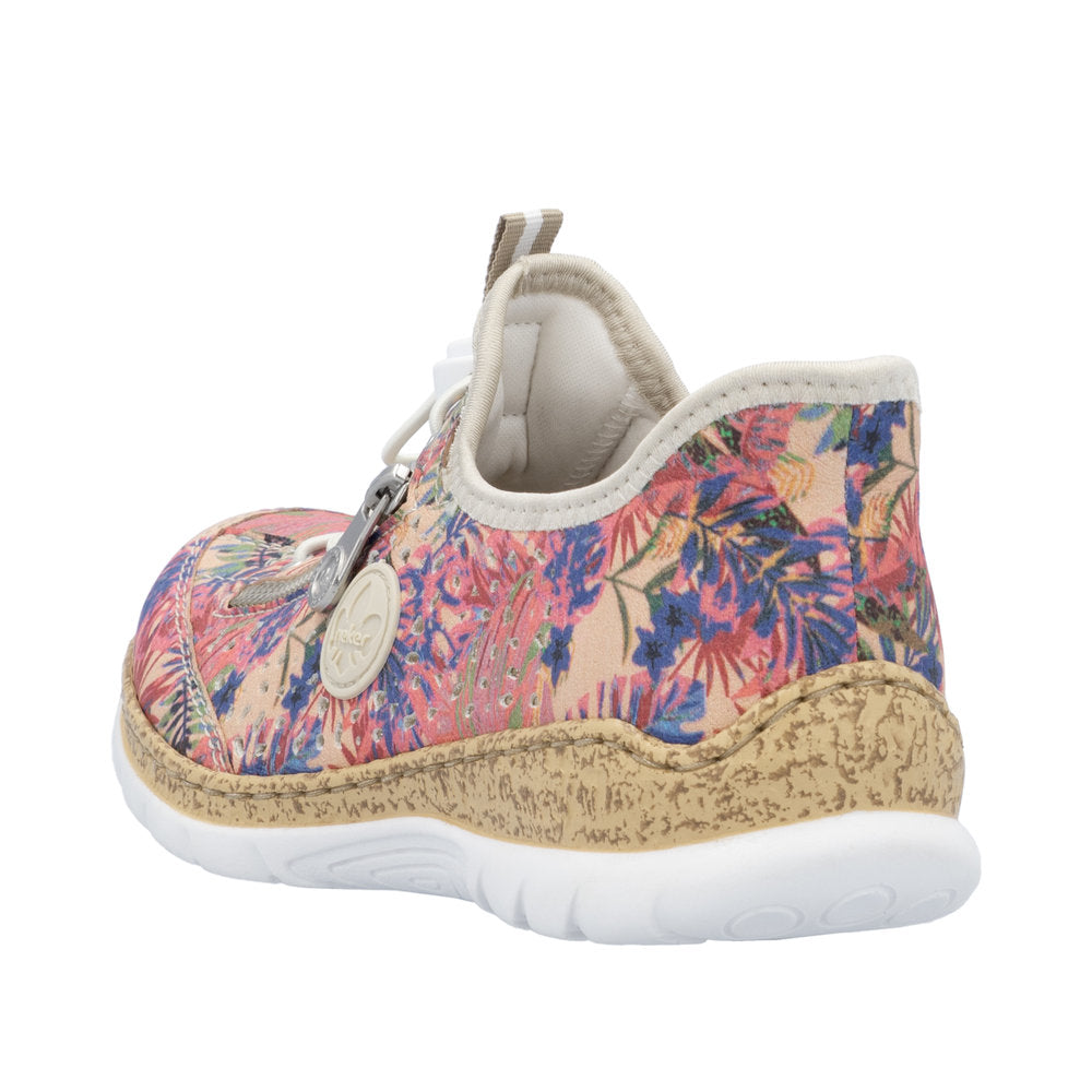 Rieker N42V3-90 women's multi-colored elasticated casual shoe with floral print, cushioned comfort, and lightweight sole.