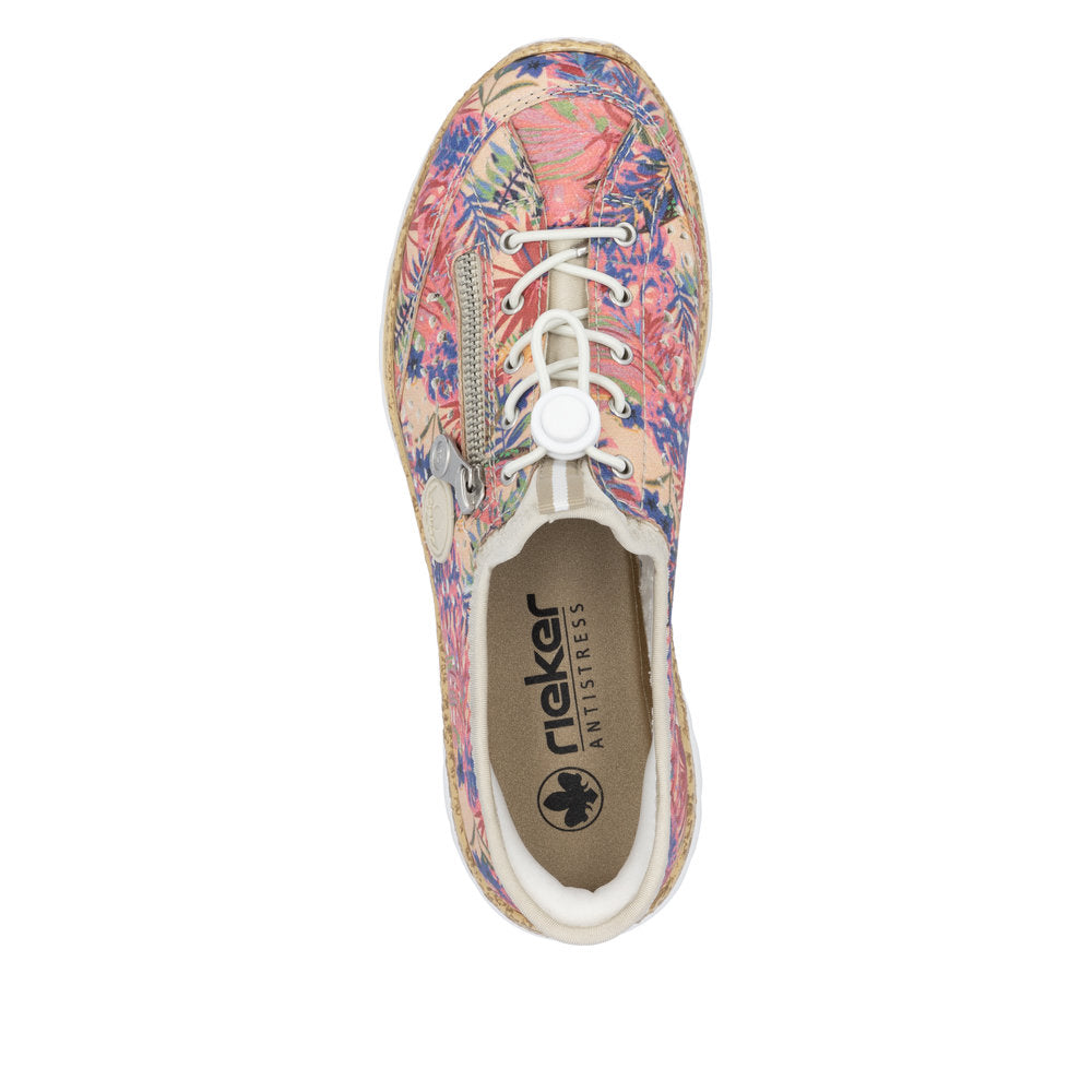 Rieker N42V3-90 women's multi-colored elasticated casual shoes with lace-up and side zipper, comfortable anti-stress footwear.