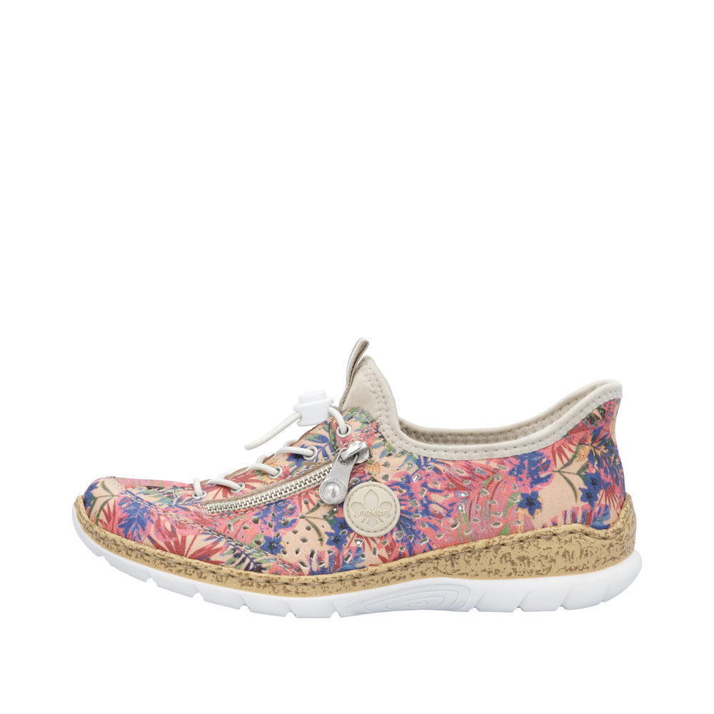 Rieker N42V3-90 women's multi-colored elasticated casual shoes with floral print, zipper detail, and cushioned beige lining.