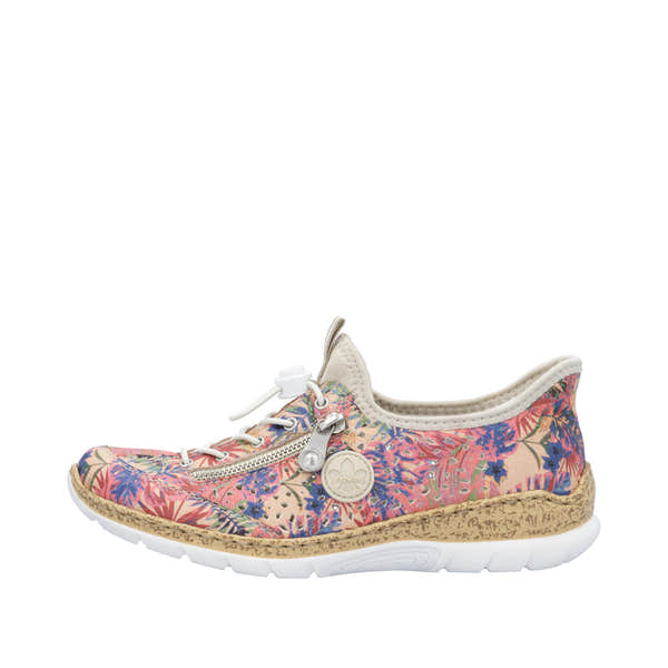 Rieker N42V3-90 women's multi-colored elasticated casual shoes with floral print, zipper detail, and cushioned beige lining.