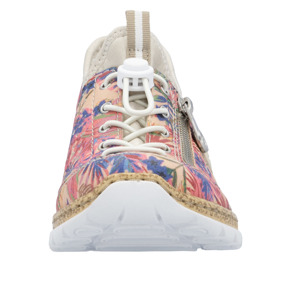 Rieker N42V3-90 women's multi-colored elasticated casual shoes with floral pattern, lace-up front, zip side, and cushioned white sole.