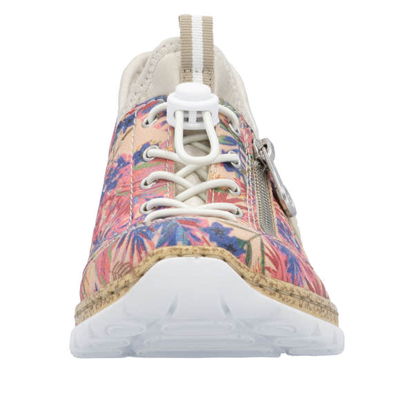 Rieker N42V3-90 women's multi-colored elasticated casual shoes with floral pattern, lace-up front, zip side, and cushioned white sole.