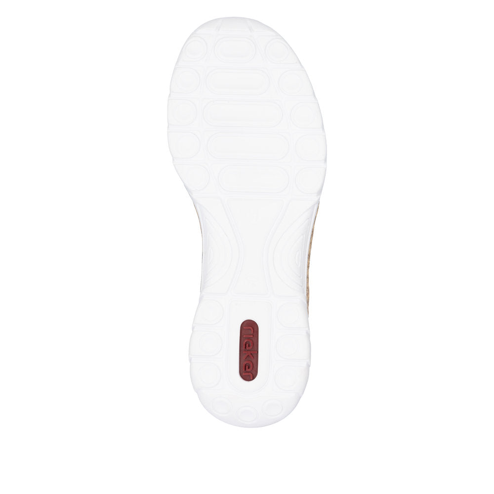 Rieker N42V3-90 ladies multi-elasticated shoes with cushioned white sole and red logo detail.