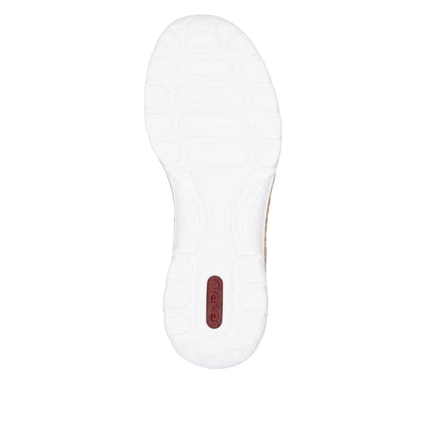 Rieker N42V3-90 ladies multi-elasticated shoes with cushioned white sole and red logo detail.