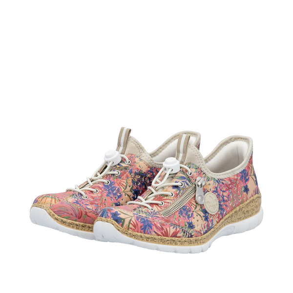 Rieker N42V3-90 ladies multi-color elasticated casual shoes with floral print, zip detail, and comfortable white sole.