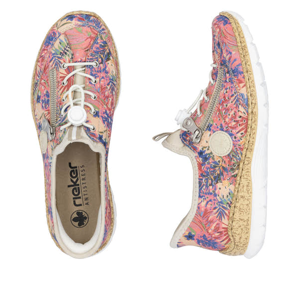 Rieker N42V3-90 women's multi-colored elasticated casual shoes with floral print, zippers, and white soles.