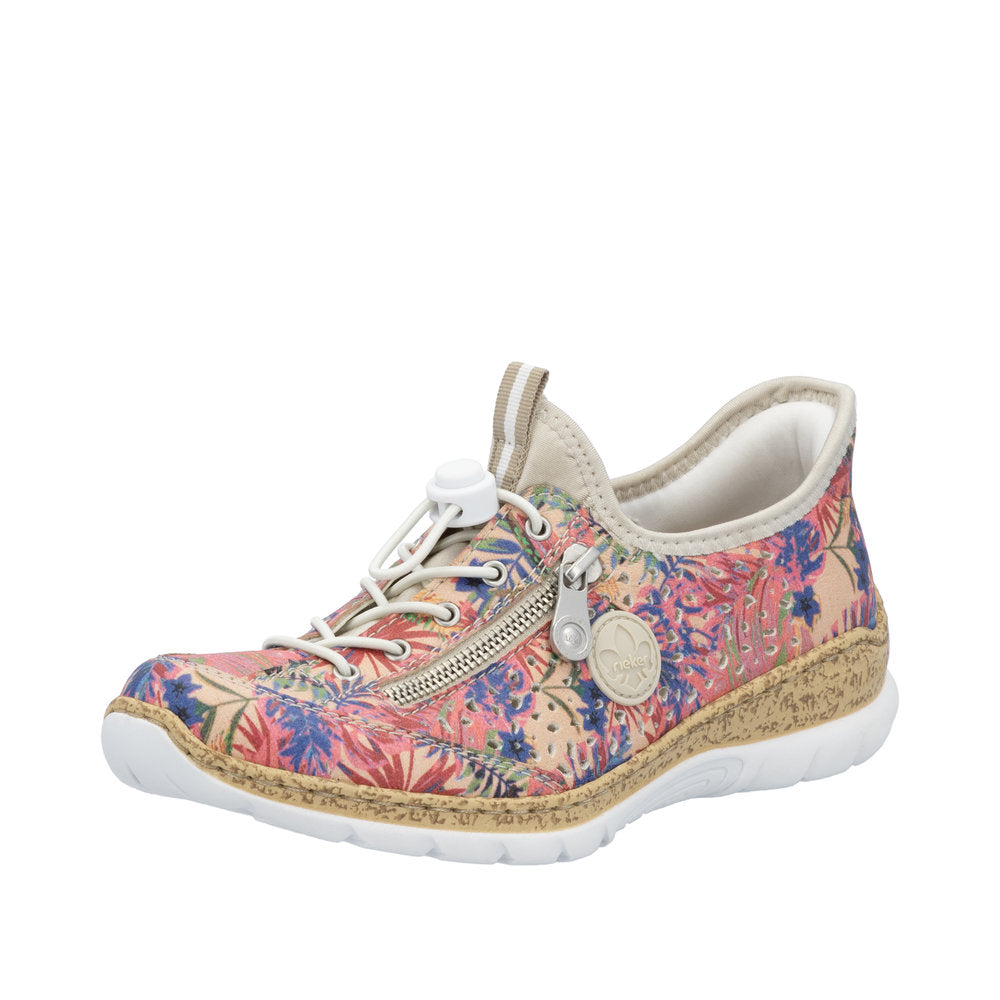 Rieker N42V3-90 women's multi-colored elasticated casual shoes with floral print, side zipper, and cushioned white sole.