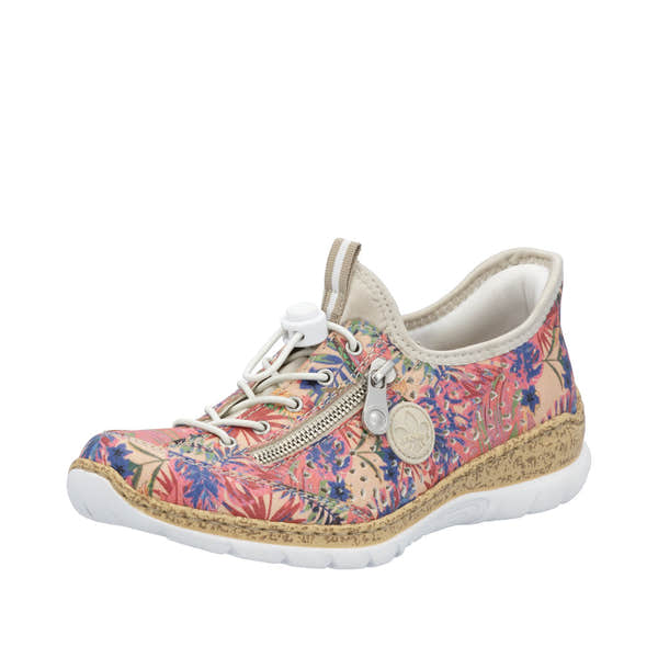 Rieker N42V3-90 women's multi-colored elasticated casual shoes with floral print, side zipper, and cushioned white sole.