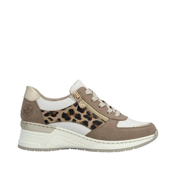Rieker N4308-64 women's wide fit trainers, taupe, white, and leopard print, with zip and lace-up, synthetic and textile materials.