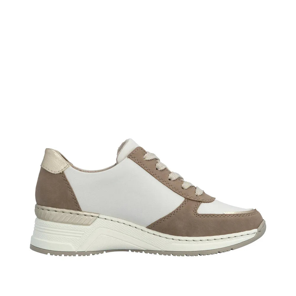 Rieker N4308-64 women's wide trainers with taupe, white, and leopard details, lace-up style with zip, mixed materials.