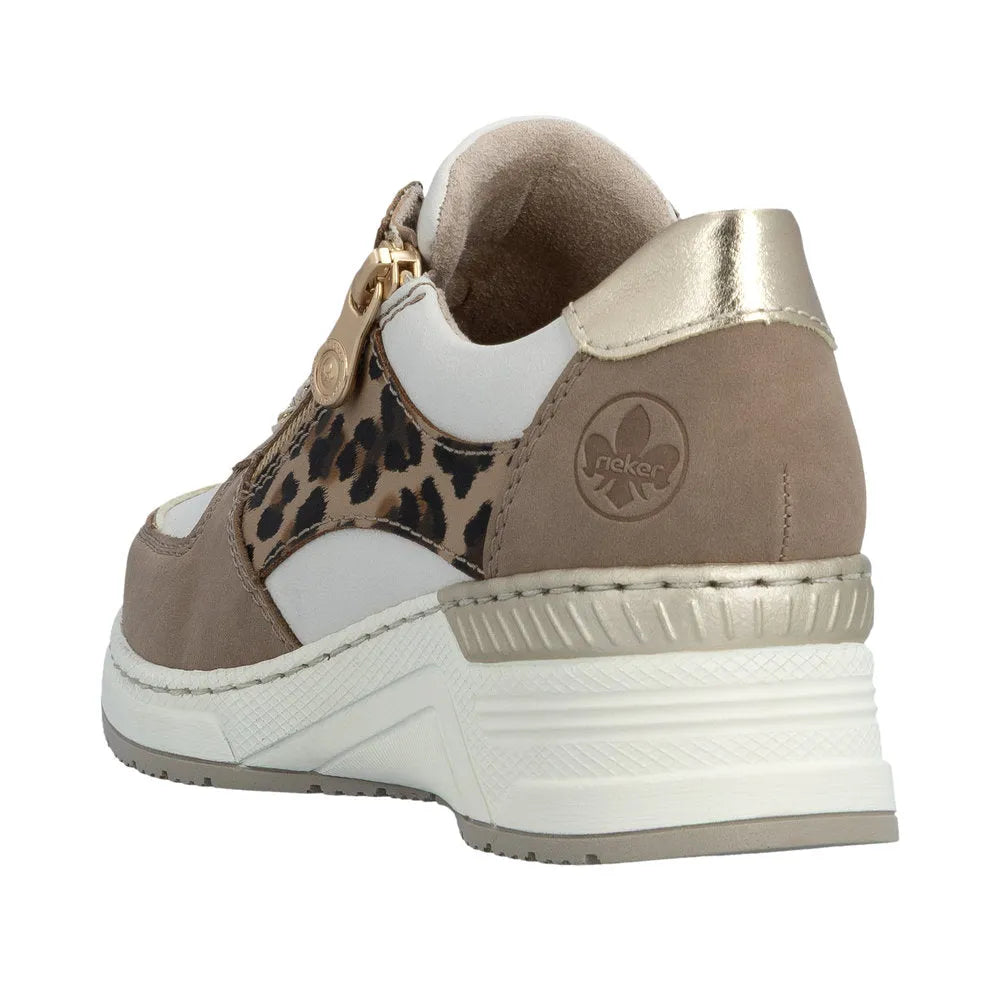 Rieker N4308-64 ladies wide fit trainers in taupe, white, and leopard print with zip, lace-up, leather and suede materials, chunky sole.