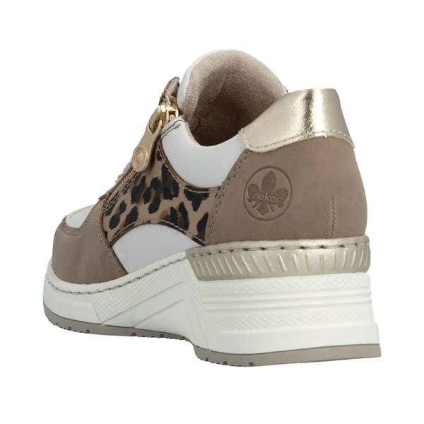 Rieker N4308-64 ladies wide fit trainers in taupe, white, and leopard print with zip, lace-up, leather and suede materials, chunky sole.