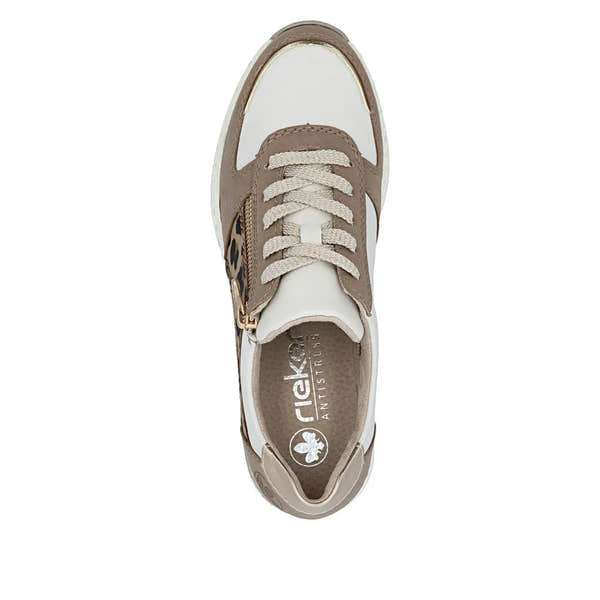 Rieker N4308-64 ladies wide trainers in taupe, white, and leopard print with lace-up, zipper, and mixed materials.