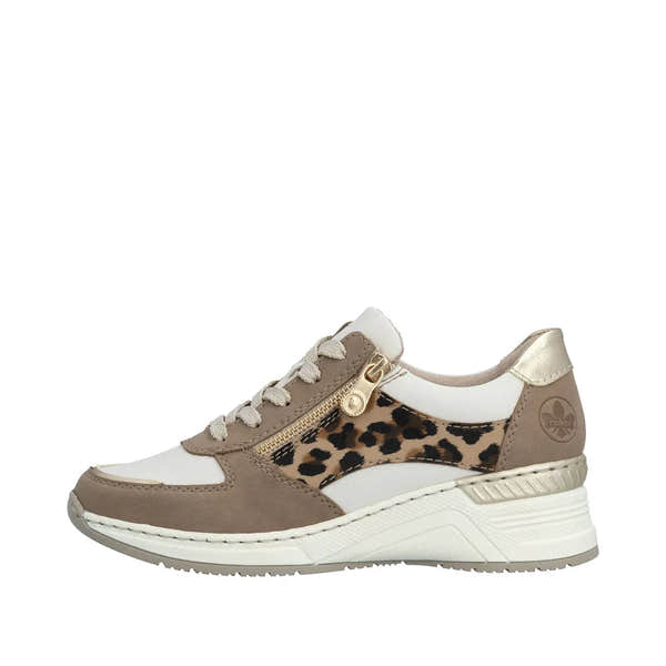 Rieker N4308-64 ladies wide trainers in taupe, white, and leopard print with zipper and lace-up details, chunky sole, and mixed materials.