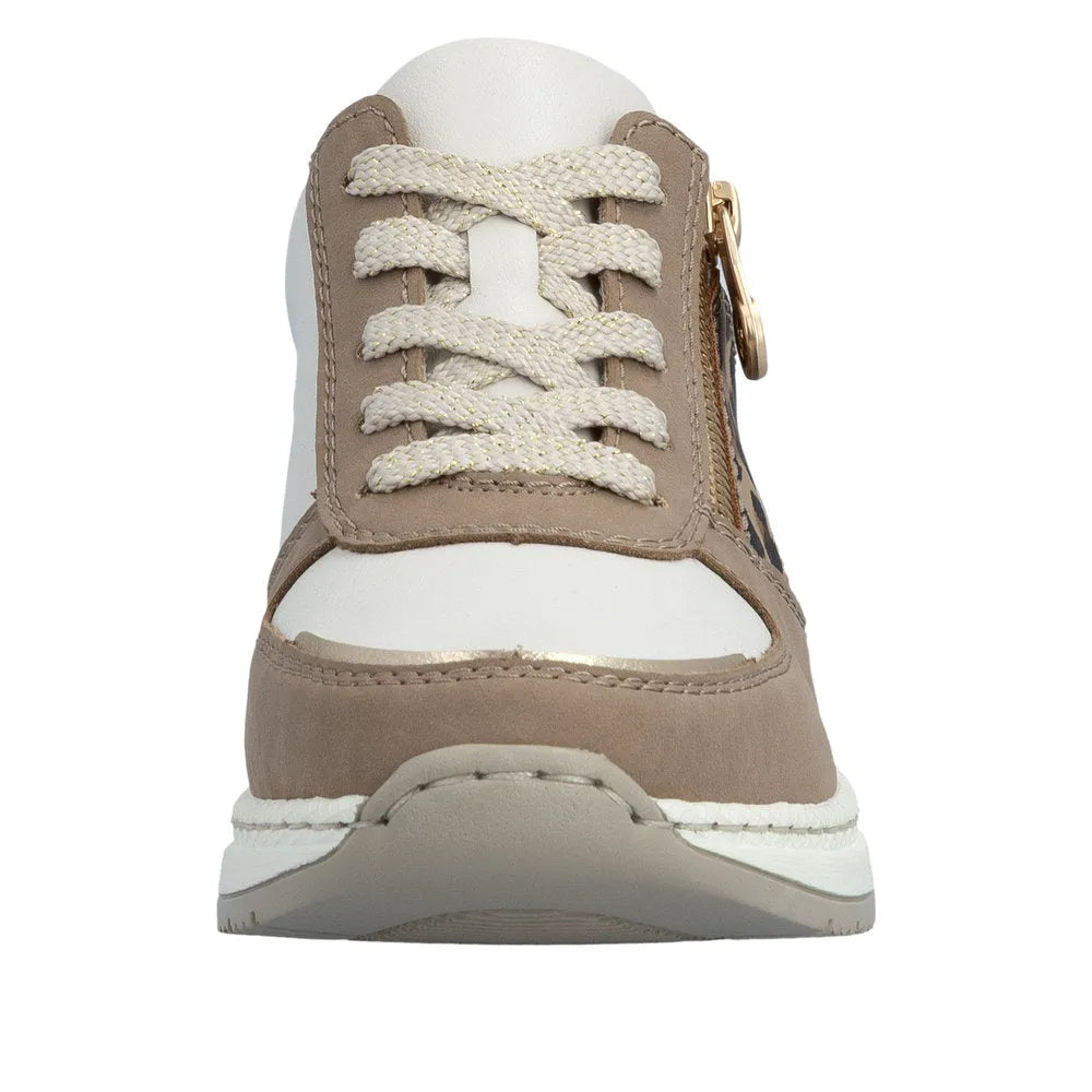 Rieker N4308-64 women's wide taupe, white, and leopard print trainers with lace-up and zip details.