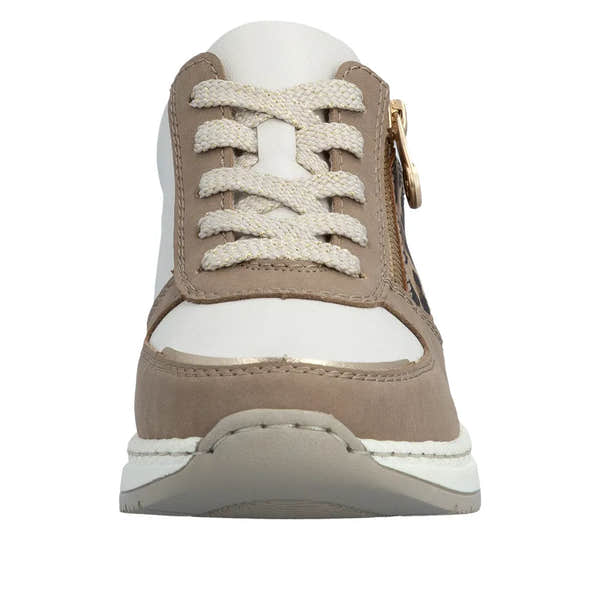 Rieker N4308-64 women's wide taupe, white, and leopard print trainers with lace-up and zip details.