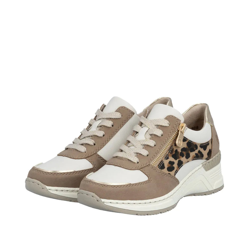 Rieker N4308-64 women's wide-fit trainers in taupe, white, with leopard print, lace-up and side zipper detail.