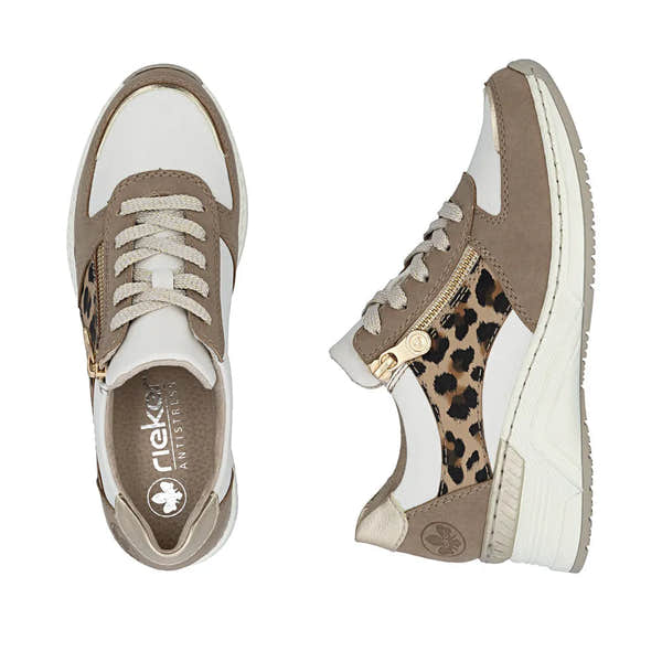 Rieker N4308-64 ladies wide white, taupe, and leopard print zip and lace trainers with a chunky white sole.