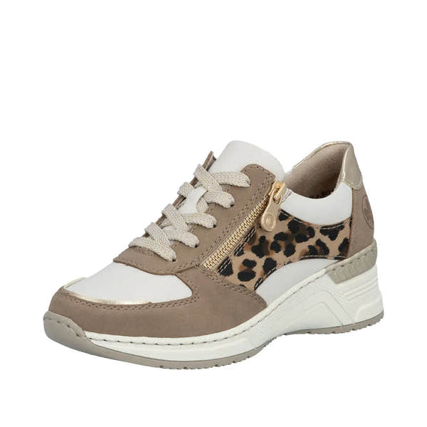 Rieker N4308-64 wide fit ladies trainers in taupe, white, and leopard print with lace-up and side zipper details.