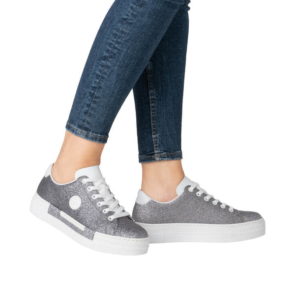 Rieker N49W1-91 ladies grey glitter lace-up trainers, stylish casual sneakers with white soles and a sparkly finish.