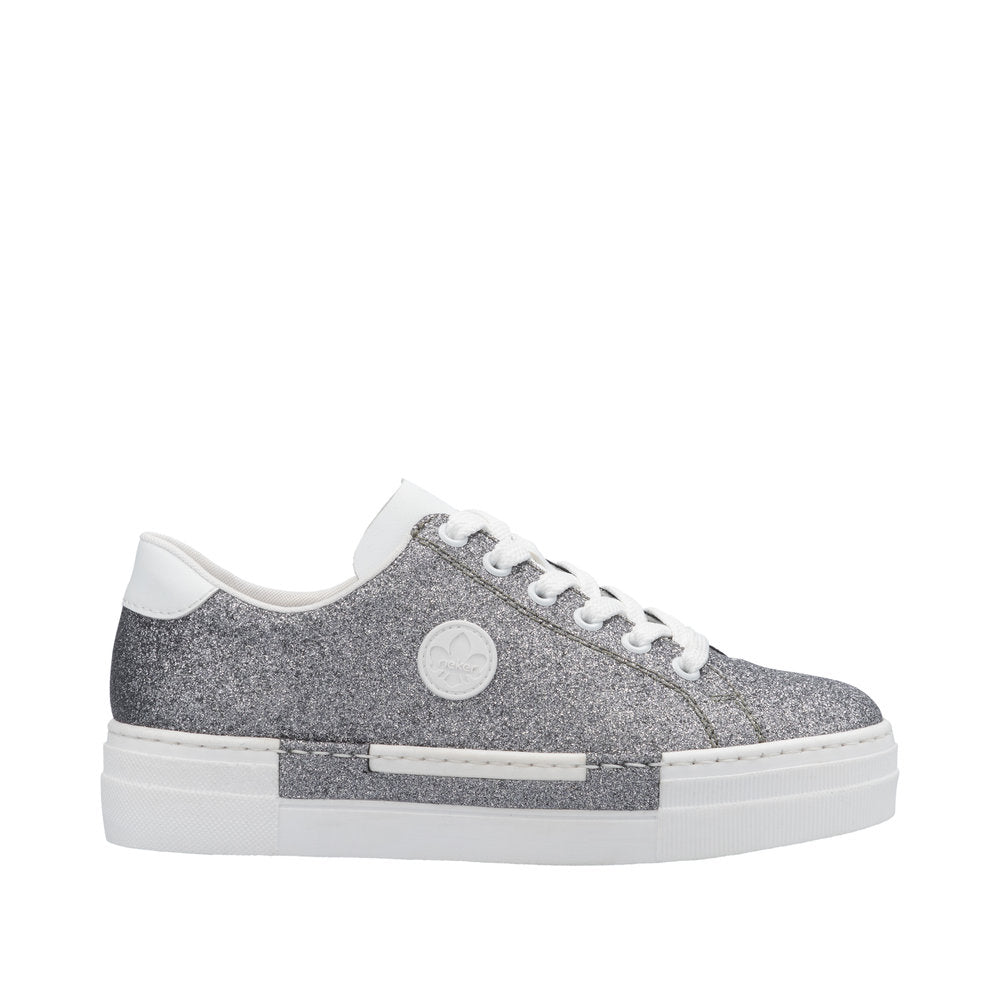 Rieker N49W1-91 Ladies Grey Glitter Lace-Up Trainers, casual sneakers with glitter finish, white sole, and lace-up closure.