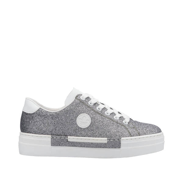 Rieker N49W1-91 Ladies Grey Glitter Lace-Up Trainers, casual sneakers with glitter finish, white sole, and lace-up closure.