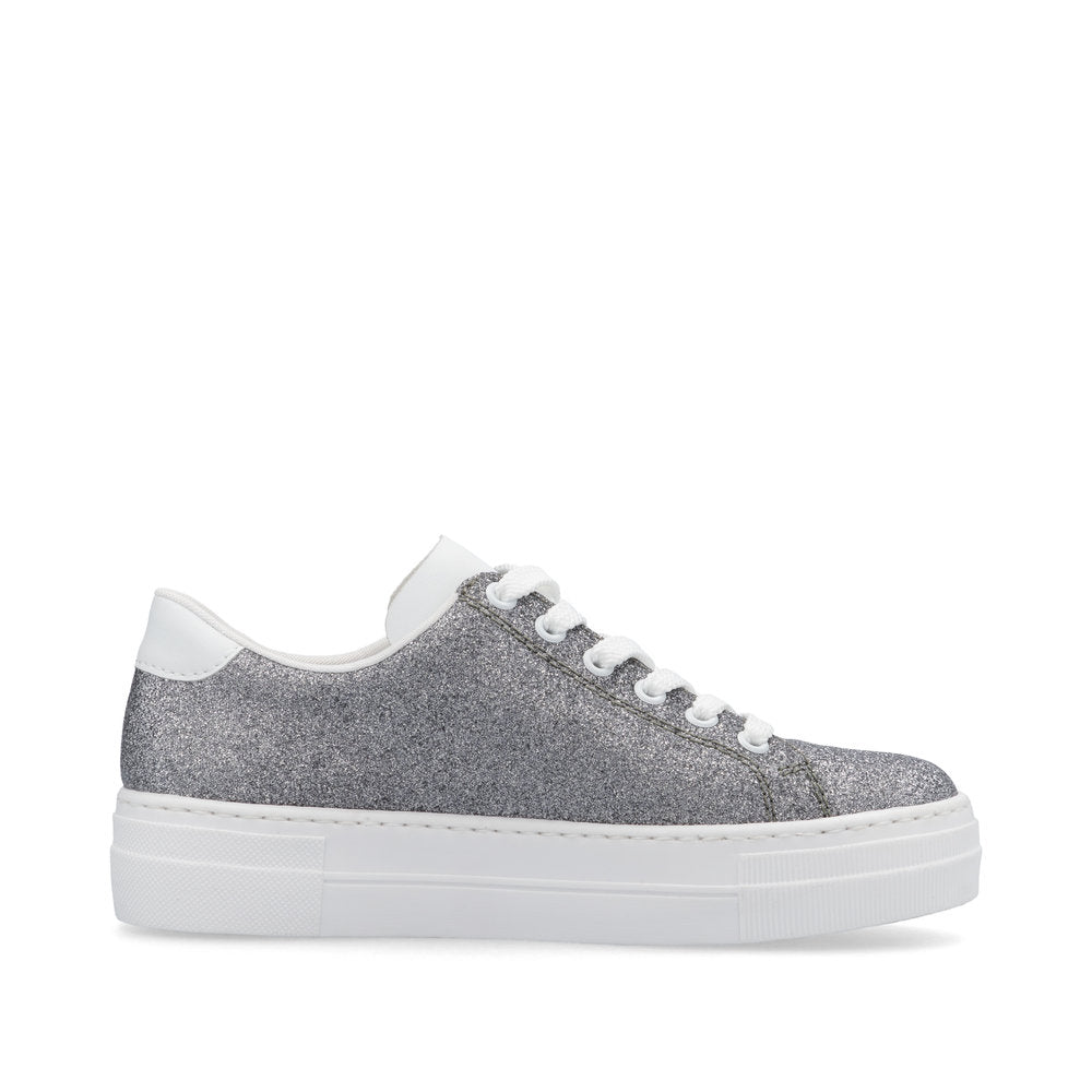 Rieker N49W1-91 women's grey glitter lace-up trainers with white accents and thick rubber sole.
