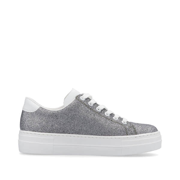 Rieker N49W1-91 women's grey glitter lace-up trainers with white accents and thick rubber sole.
