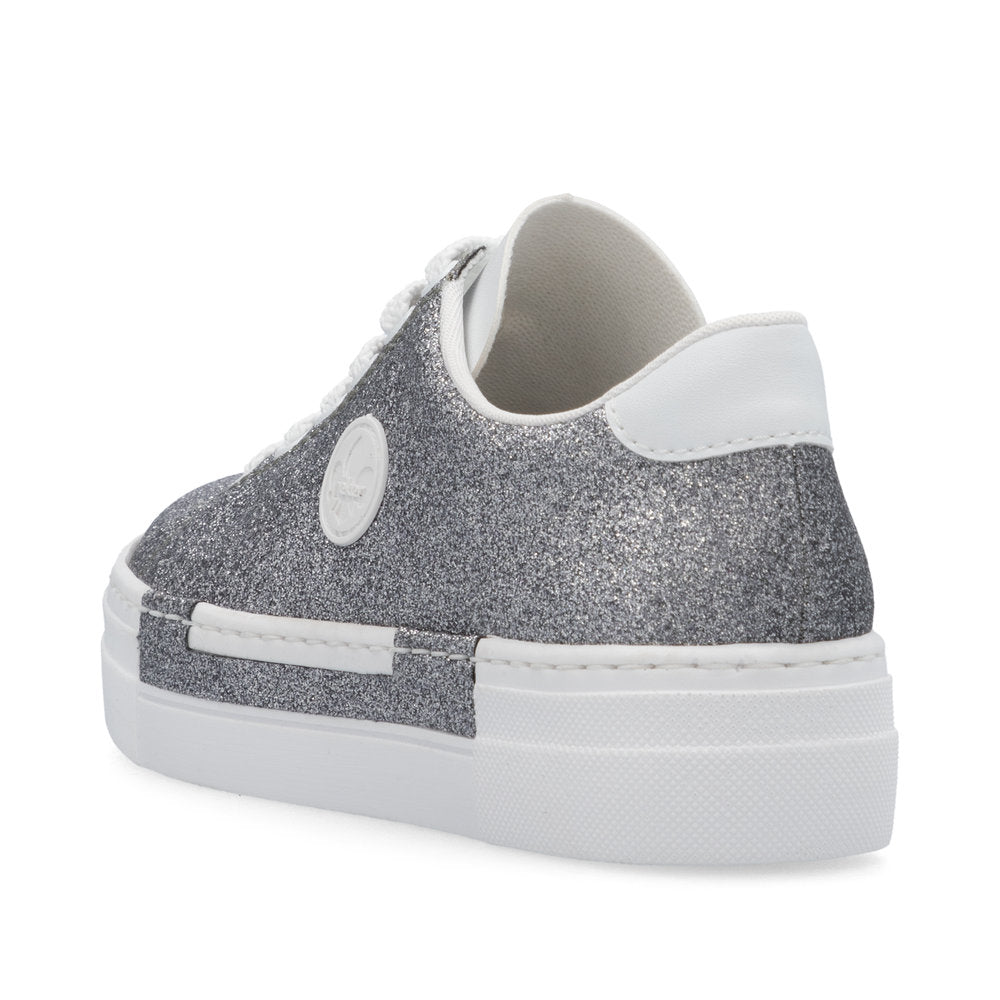 Rieker N49W1-91 women's grey glitter lace-up trainers with white accents and platform sole.