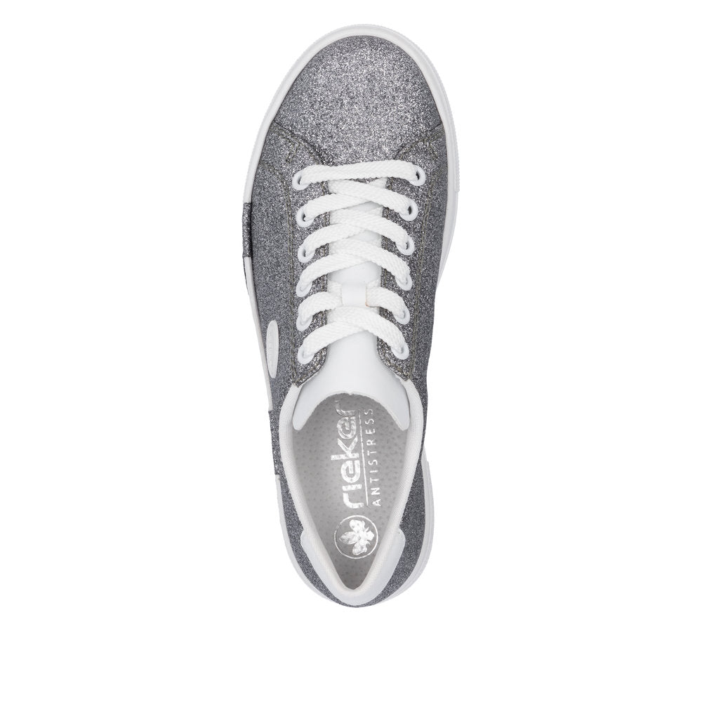 Rieker N49W1-91 Women's Grey Glitter Lace-Up Trainers with white soles and stylish design.