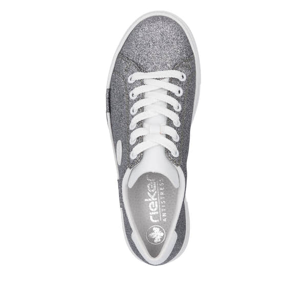 Rieker N49W1-91 Women's Grey Glitter Lace-Up Trainers with white soles and stylish design.