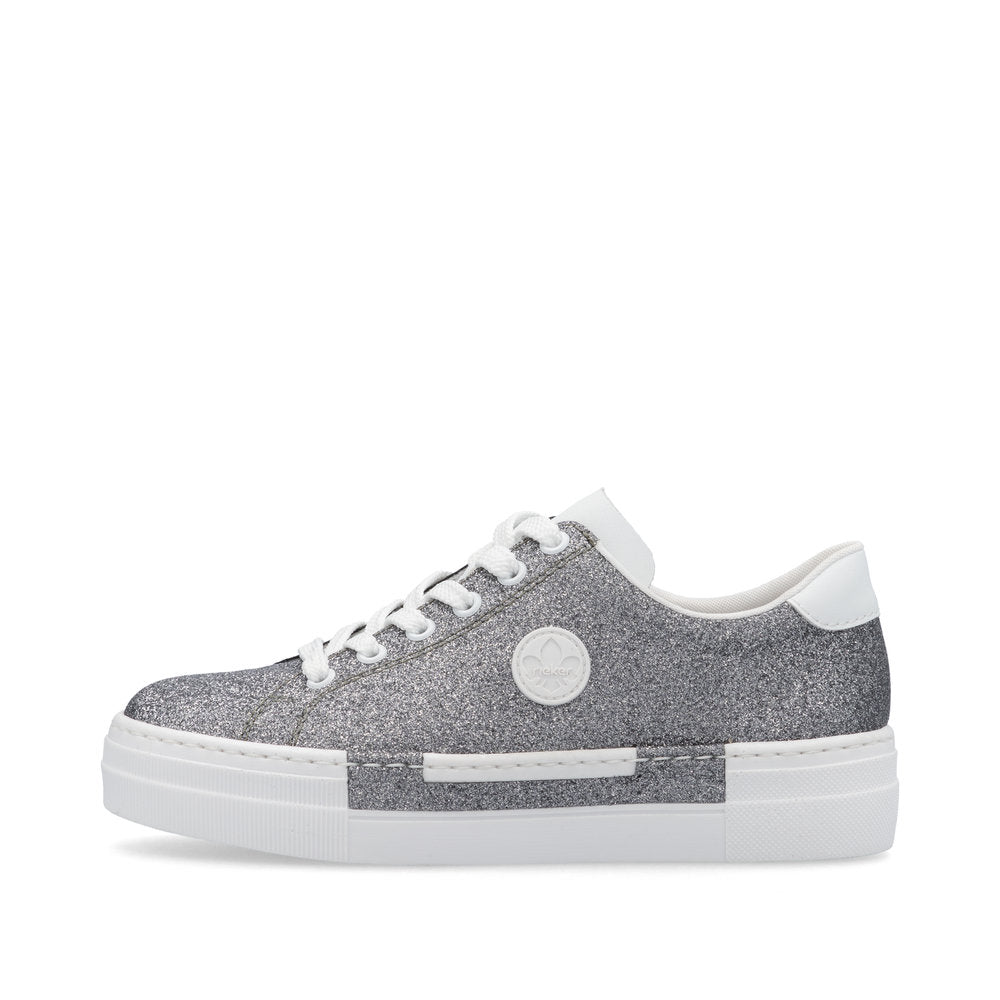 Rieker N49W1-91 women's grey glitter lace-up trainers with white rubber soles and accents. Stylish casual footwear.