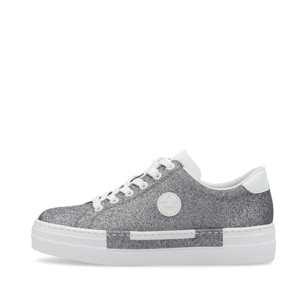 Rieker N49W1-91 women's grey glitter lace-up trainers with white rubber soles and accents. Stylish casual footwear.
