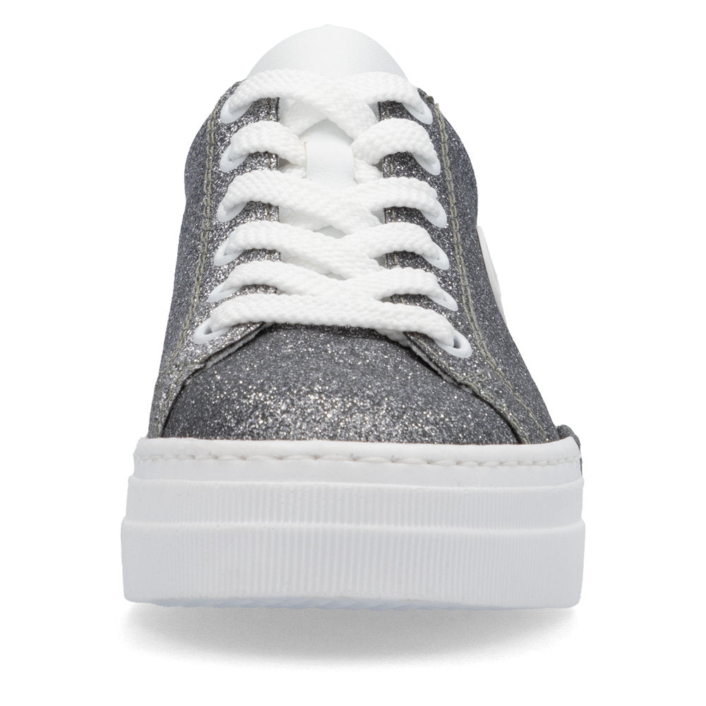 Rieker N49W1-91 women's grey glitter lace-up trainers with white sole and laces, fashionable and comfortable casual footwear.