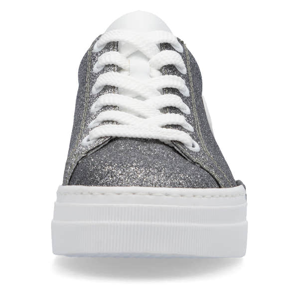 Rieker N49W1-91 women's grey glitter lace-up trainers with white sole and laces, fashionable and comfortable casual footwear.