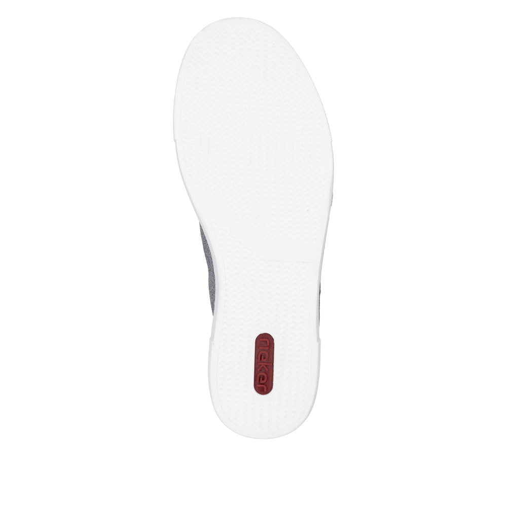Rieker N49W1-91 ladies grey glitter lace-up trainers with white sole and red logo detail.