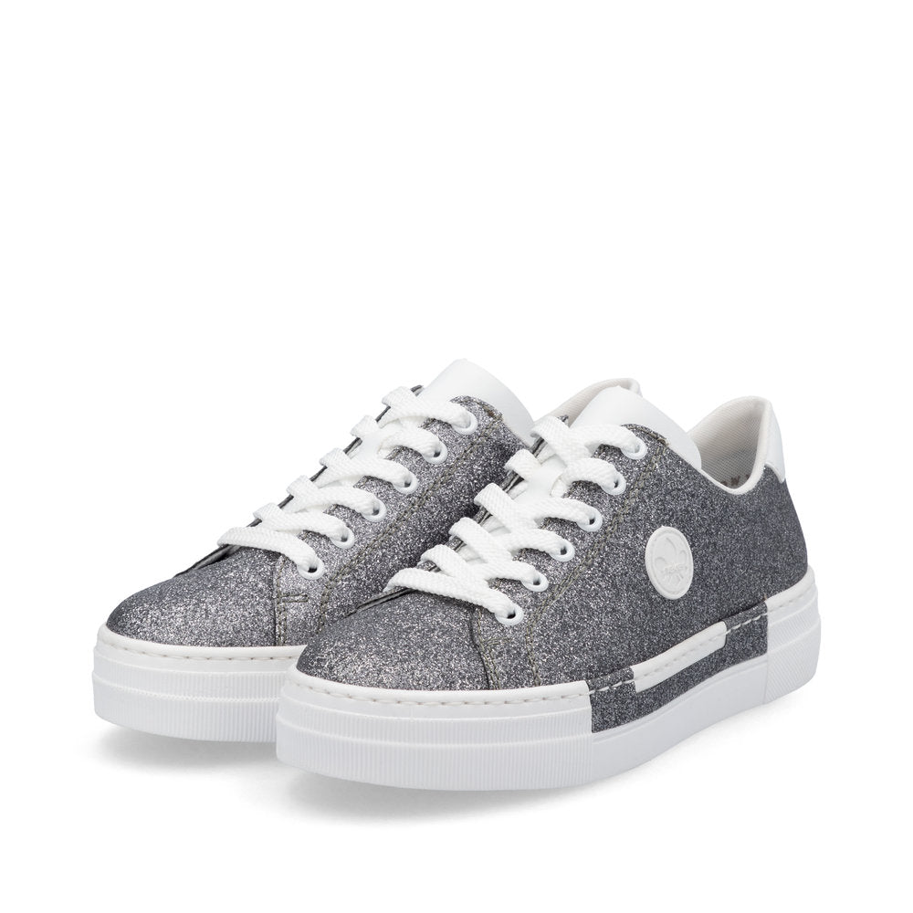 Rieker N49W1-91 ladies grey glitter lace-up trainers with white soles and accents, stylish casual footwear for women.