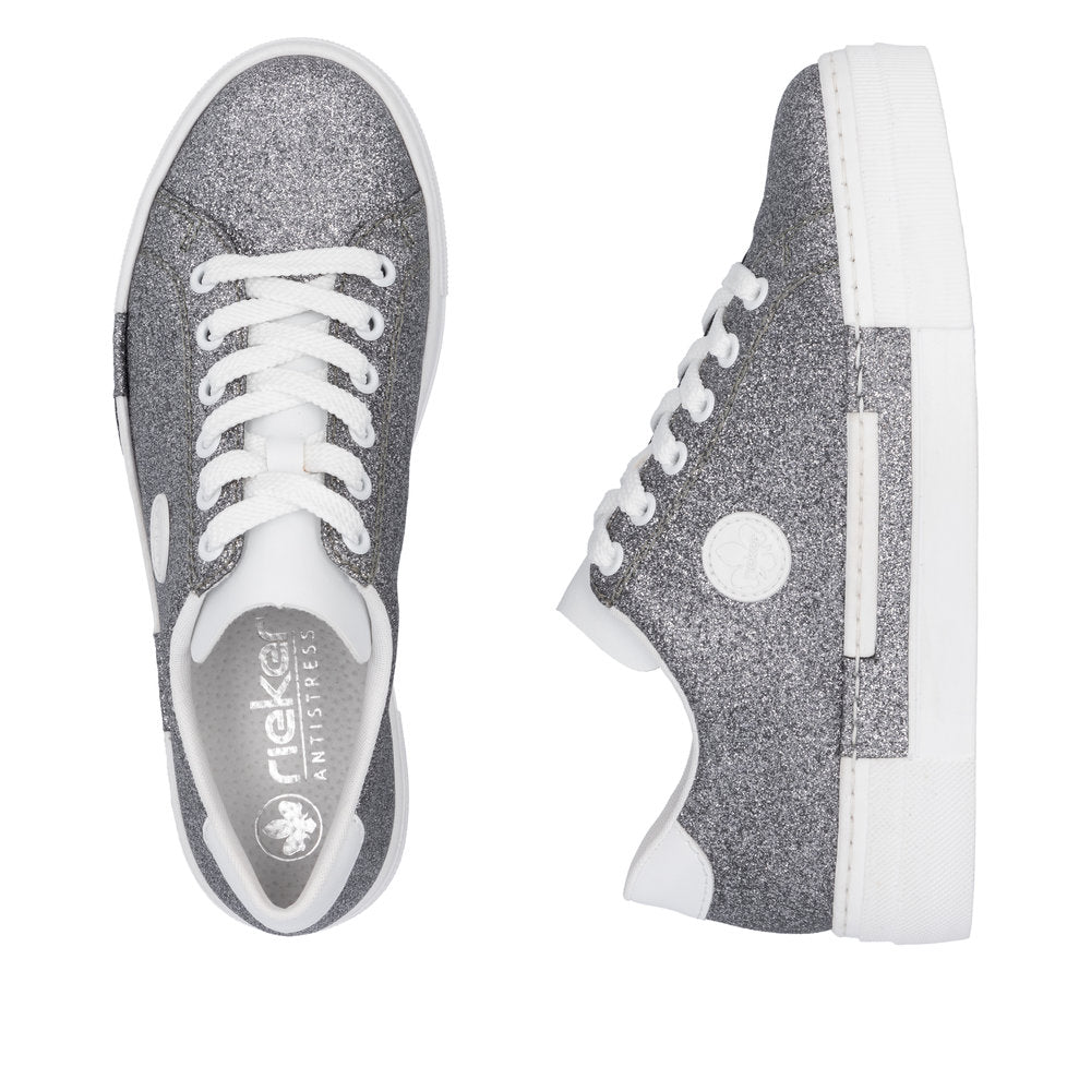 Rieker N49W1-91 women's grey glitter lace-up trainers with white soles, stylish and comfortable casual sneakers.