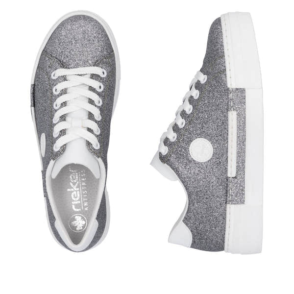Rieker N49W1-91 women's grey glitter lace-up trainers with white soles, stylish and comfortable casual sneakers.