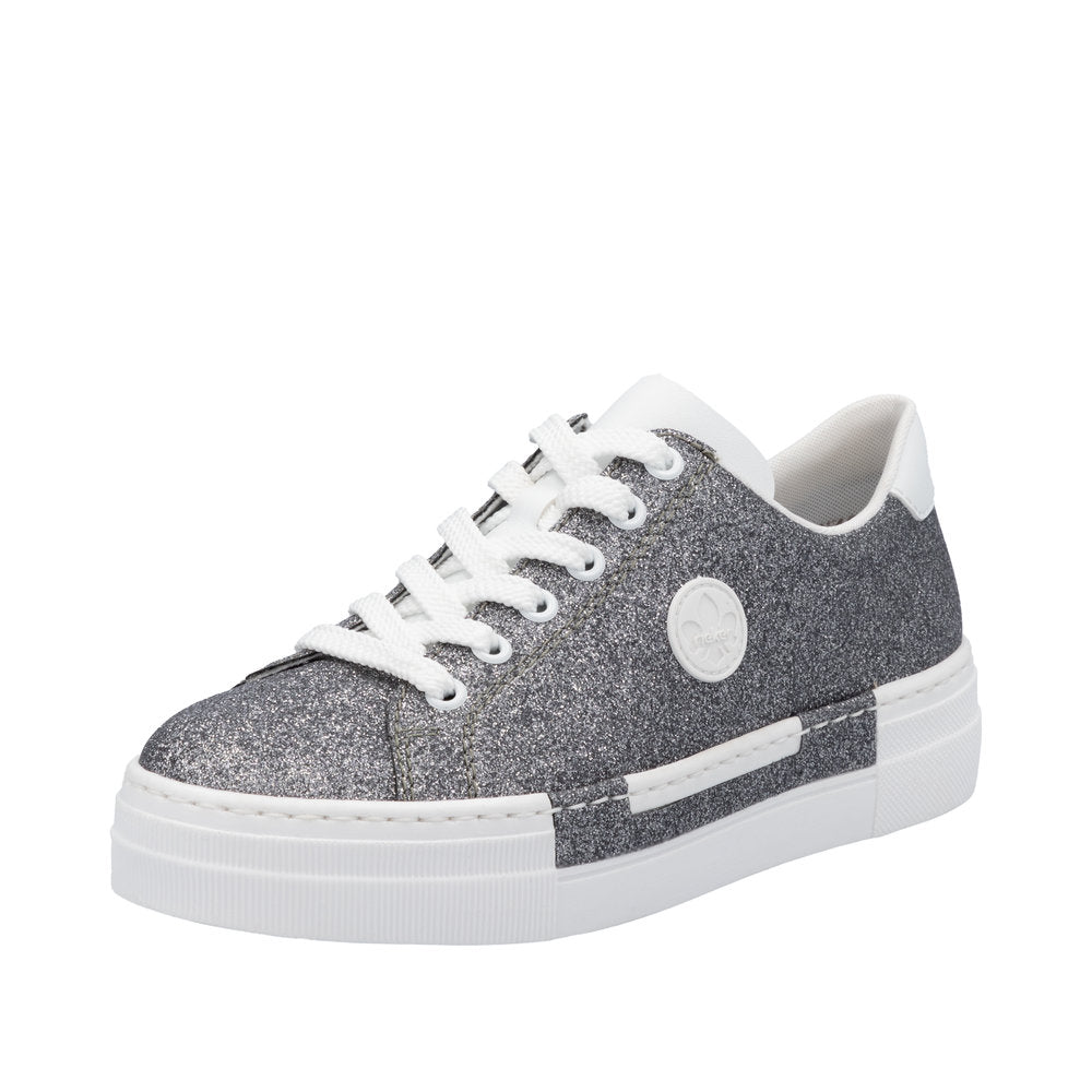 Rieker N49W1-91 women's grey glitter lace-up trainers with white sole and accents, stylish sparkly casual sneakers.