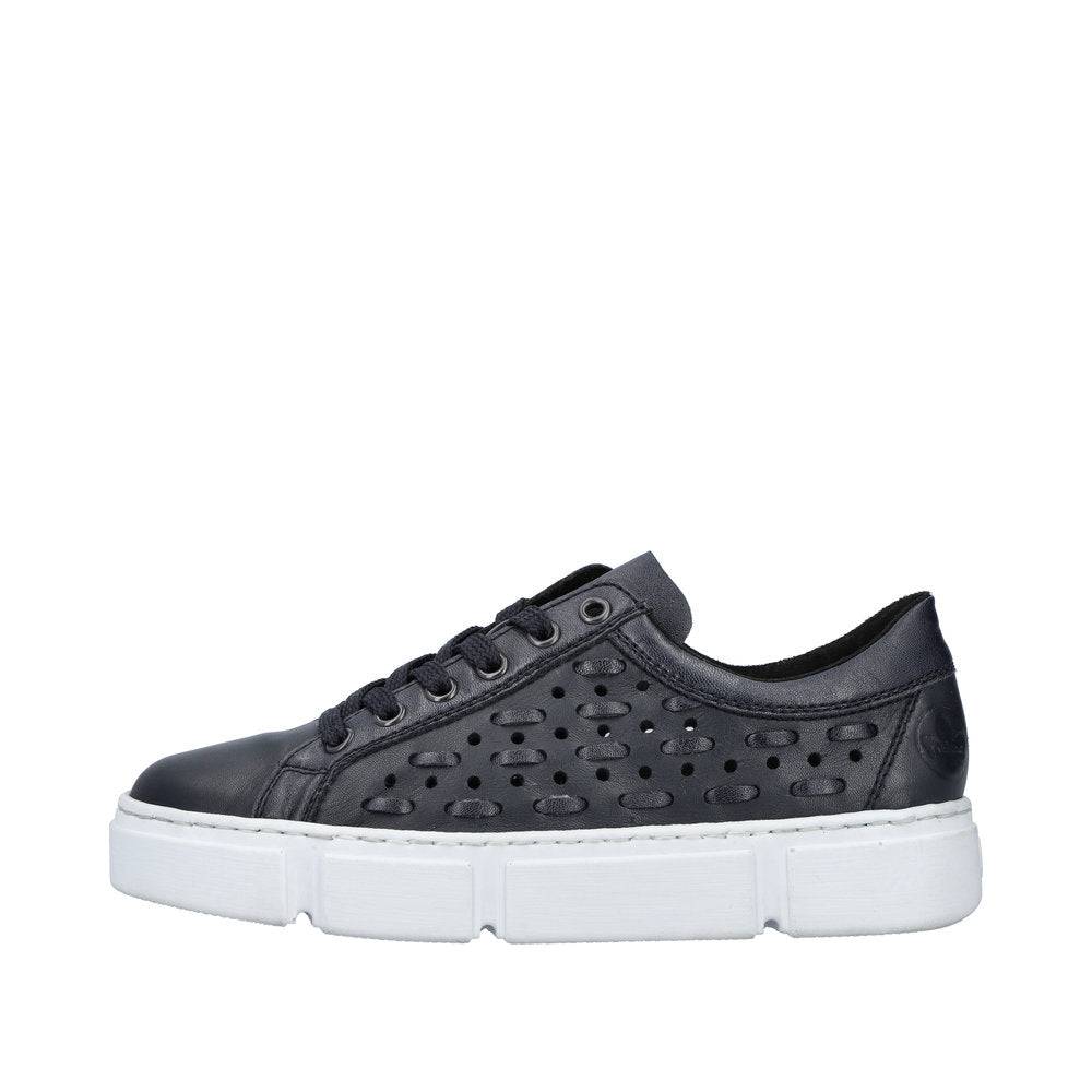 Rieker N5918-14 Ladies Navy Blue Leather & Textile Lace Up Trainers-elevate your sole